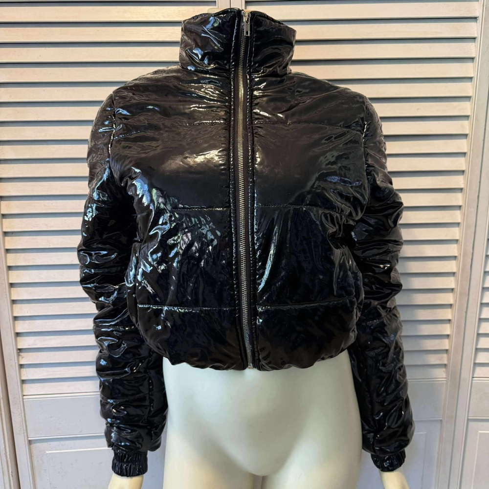 Women's Kaylee Kollection Black Shiny Puffer Jacket S